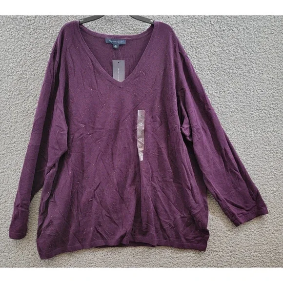 Tommy Hilfiger Plus Size Rhinestone Argyle Sweater Women's 3X Aubergine Pullover - Picture 2 of 15
